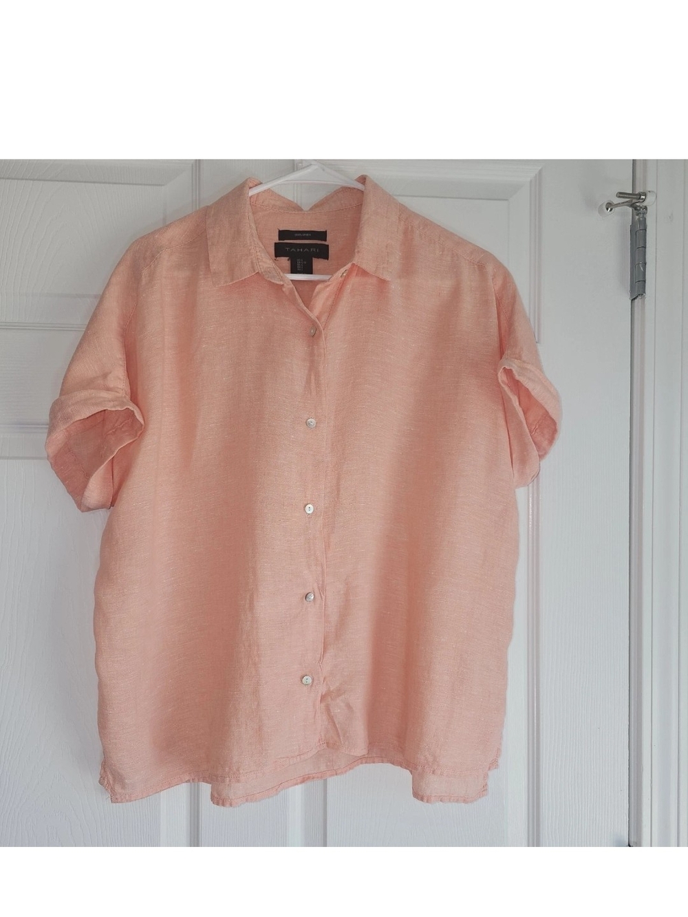 100% Linen Womens Blouse Top Peach Button-up Short Sleeve Minimalist Relaxed L